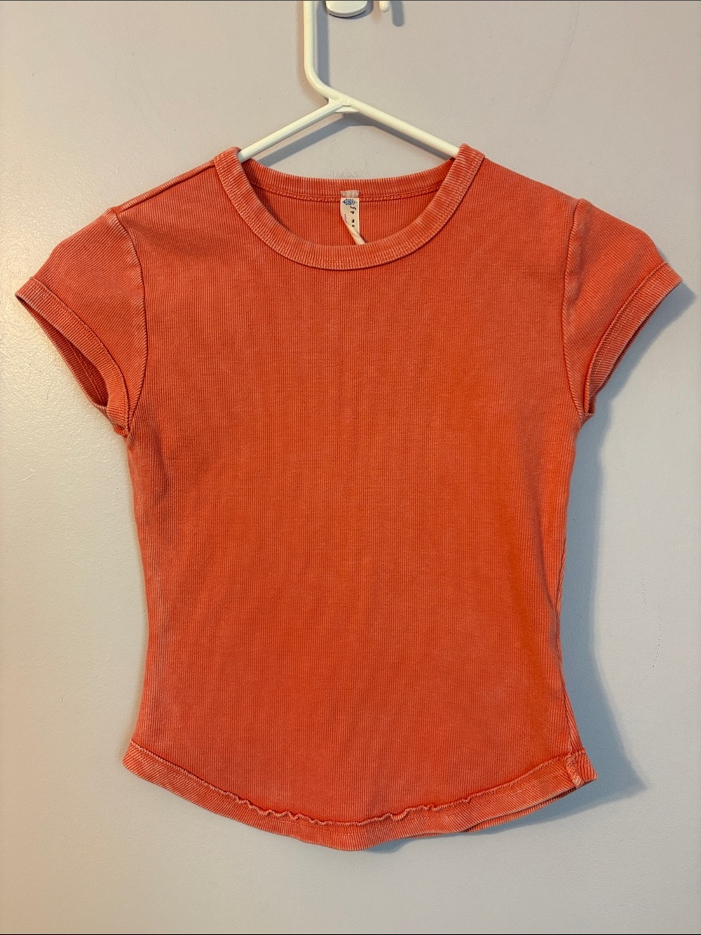 Free People Movement Pink Coral Cropped Ribbed Baby Tee Large Back Buti Logo S